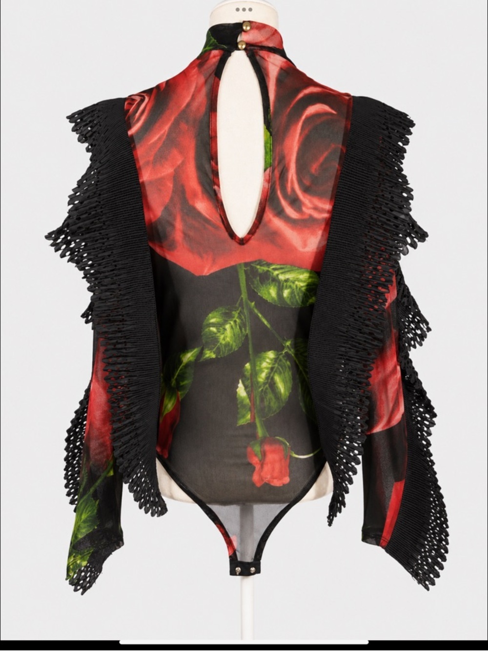 Wearable Art Romantic Goth Rose Print Mesh Bodysuit Avant Garde Statement Top - Picture 3 of 16